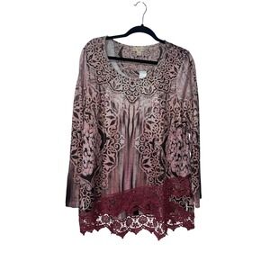 Live and Let Live 1X Burgundy Black Scroll Lace Split Trim Tunic Top Long Sleeve